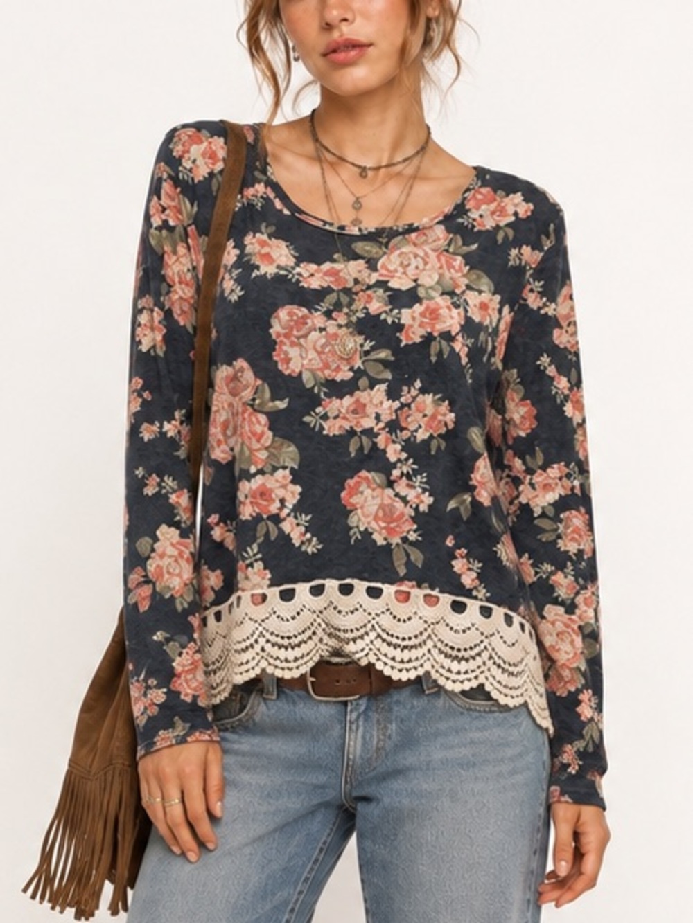 RUE 21 Floral Crochet Lace Hem Top Romantic Cottagecore Long Sleeve Blouse Large